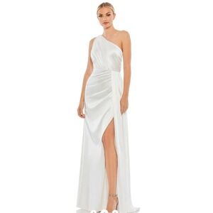 Ieena For Mac Duggal Gathered One Shoulder Satin Faux Wrap Gown